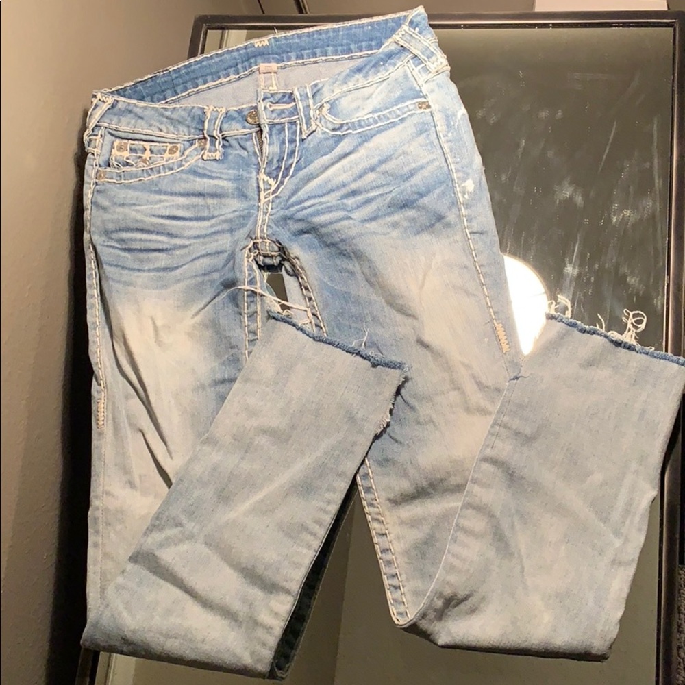 True religion light washed jeans with raw hem